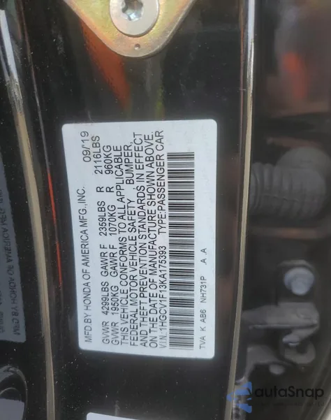 2019 Honda Accord Lx from USA, damaged, VIN 1HGCV1F13KA175393